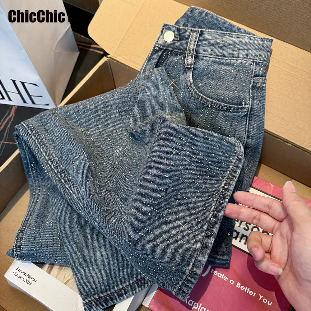 Women's Jeans Spring Retro Washed Diamond-encrusted Design Sense High-waisted Straight-leg Pants Loose Wide-leg Mopping Pants